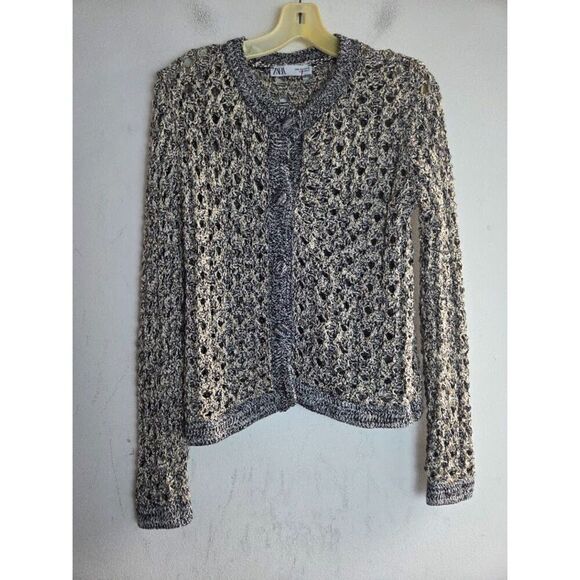 Zara Women Metallic Silver Grey Thread Knit Cotton Cardigan Sweater size Medium - Picture 2 of 8